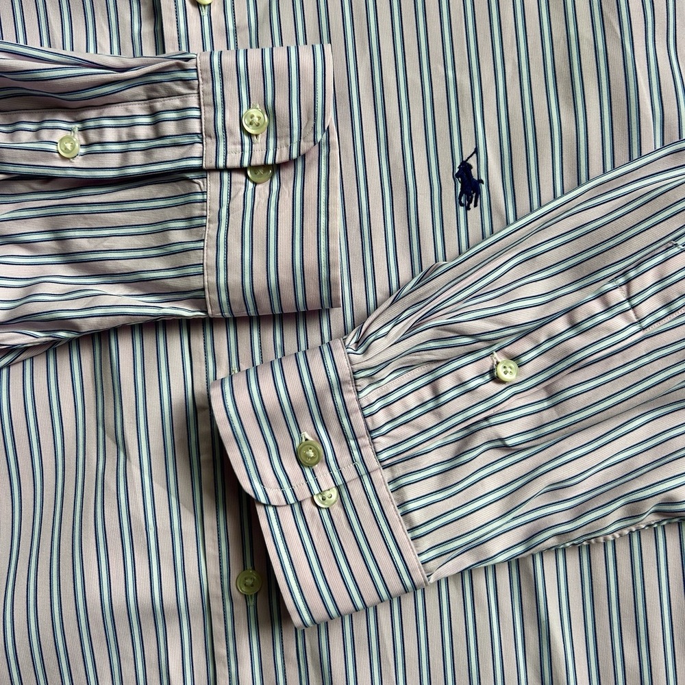 Ralph Lauren Classic Fit Shirt 17 1/2 36/37 Pink /Navy Stripe Long Sleeve‎ ***